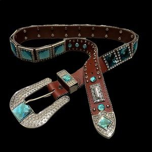Brown turquoise jeweled western belt